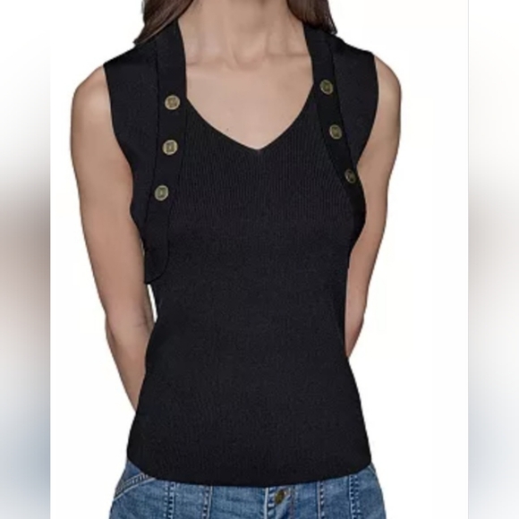 KARL LAGERFELD Black Ribbed V-Neck Sweater. Sz M - Picture 2 of 11